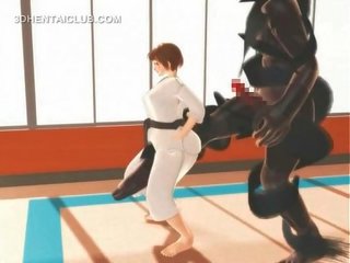 Kedi kostümü karate genç kadın irklararası anal üzerinde bir masif manhood içinde 3d